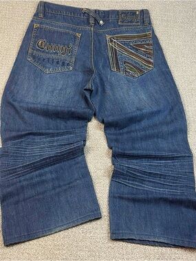 COOGI Men's Bootcut Jeans in Dark Blue with Multicolor Embroidered Pocket